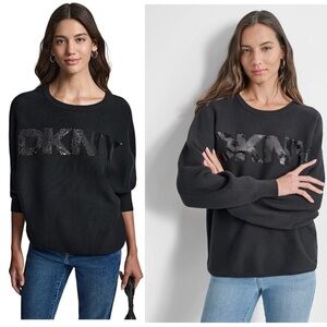 DKNY Jeans black sequin sparkly logo long web sleeve oversized sweater Sz L